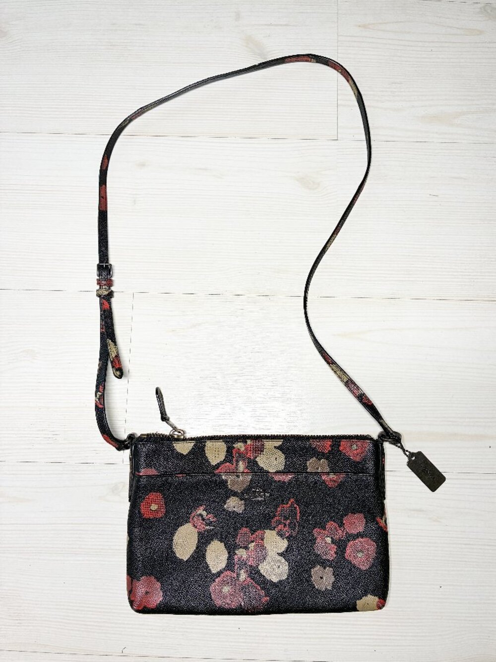 COACH Kylie Crossbody Bag Floral WinterGarden Black Saffiano Leather Brass 52478